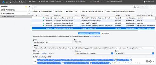 Google Adwords Editor 12 - příklad přednastaveného vlastního pravidla
